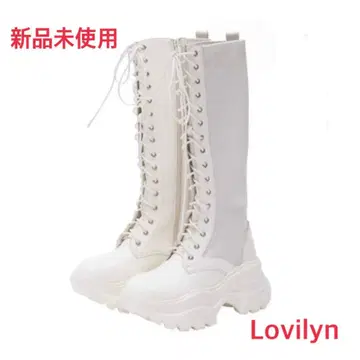 [ 미사용 새상품 ] Lovilyn 통굽 레이스업 니트 부츠 화이트 L