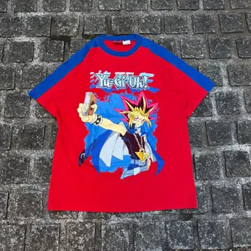 한정판 유희왕 파랑 빨간색 절개 빅 사이즈 프린트 티셔츠