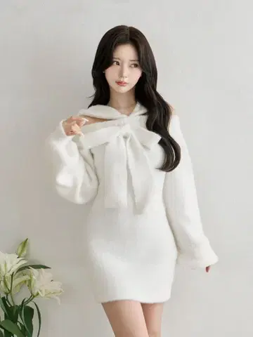 후디 오프숄더 니트 미니 원피스
