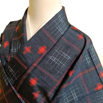 W1 기모노 이중 기모노 순수 실크 카스리풍 네이비 빨간색