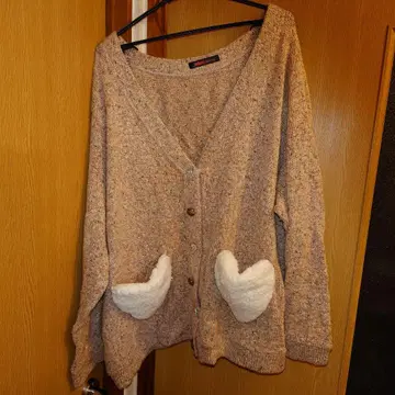 8L 핑크 베이지 니트 가디건 하트 플리스 포켓 부착