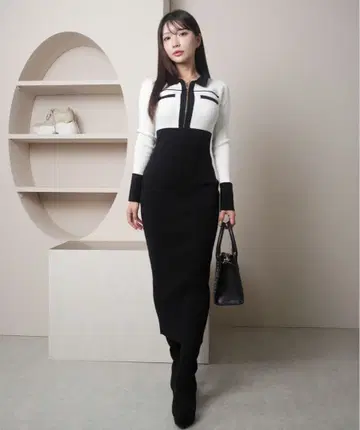 프론트 ZIP 바이 컬러 니트 원피스