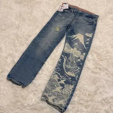 호텐쇼텐 헬로키티 데님 S 스트레이트 데미지 가공 팬츠 스카이블루