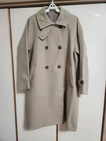 울 혼방 더블 브레스트 롱 코트 베이지