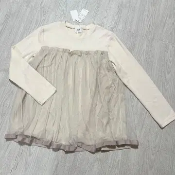 쁘띠마인 튤 도킹 T셔츠 긴팔 리브 니트 화이트 아이보리