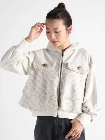 최저가! [새상품] Vin 프릴 트위드 도킹 후드티 아이보리 38사이즈