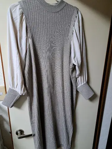 그레이 리브 긴팔 니트 원피스