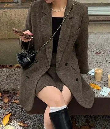 JUNOAH 자켓+슬릿 미니 스커트 set