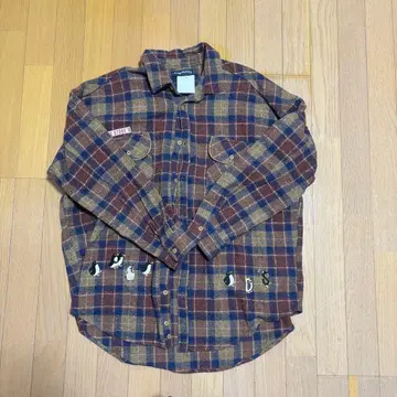 체크 무늬 펭귄 자수 긴팔 셔츠 플란넬 셔츠