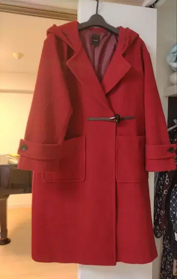 munich 후드 부착 더플 코트 롱 코트 모 100% 빨간색