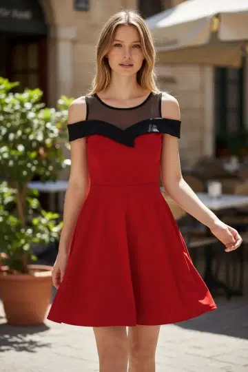 오프숄더 빨간색 드레스 스트레치 소재