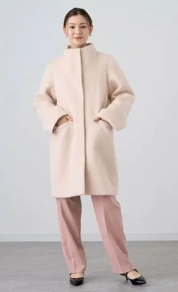 아나이 모헤어 샤기 스탠드 카라 코트 36 핑크 베이지