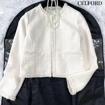 CELFORD 트위드 페플럼 자켓 노카라 포멀 36 사이즈