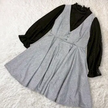 도킹 원피스 레이스 블라우스풍 스탠드 칼라 긴팔 그레이 & 블랙