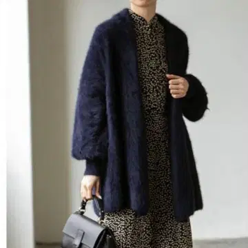 NOBLE 퍼 니트 퍼프 가디건 네이비