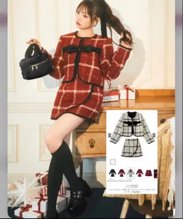 트위드 체크 무늬 리본 자켓 x 미니 스커트 셋업[gn556]