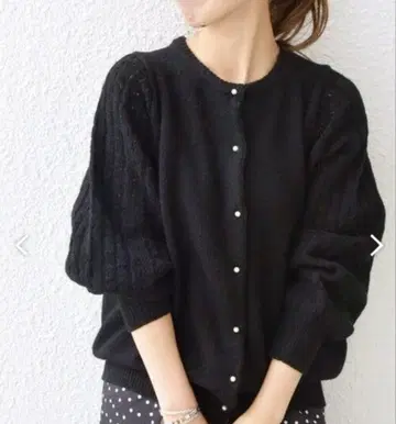 SHIPS any 쁘띠 펄 라이크 레이스 편직 크루넥 가디건 블랙