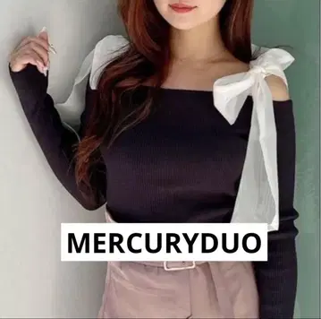 택 포함 MERCURYDUO 숄더 리본 롱 슬리브 니트 차콜 그레이
