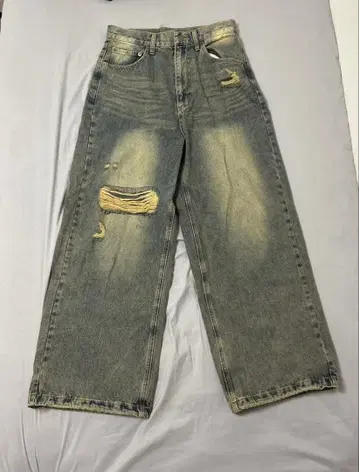 데미지 가공 그레이 와이드 레그 데님 팬츠