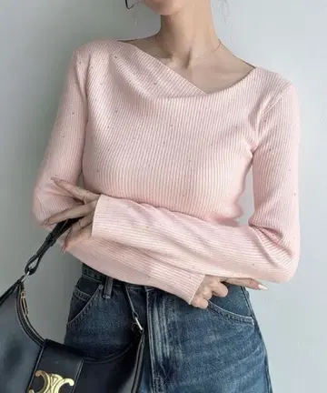 Meiru 큐빅 아지메 넥 리브 니트