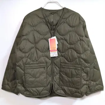 새상품 시마무라 웨이브 퀼트 노카라 자켓 다운 카키 LL