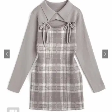 GRL 체크 무늬 프론트 오픈 리본 니트 미니 원피스