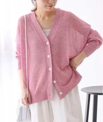 PE 린넨 루즈 V넥 가디건 핑크