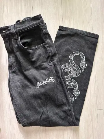 Supplier 뱀 프린트 블랙 데님 팬츠 L
