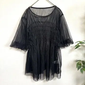 튤 셔링 튜닉 블랙 시스루 셔츠 블라우스 M 새상품급