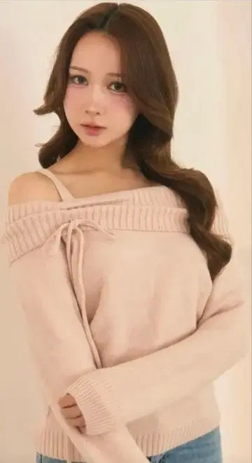 TITTY&CO. 오프숄더 리본 포함 리브 니트탑 핑크