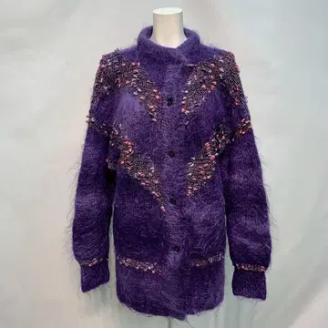 빈티지 구제 의류 자수 모헤어 가디건 퍼플