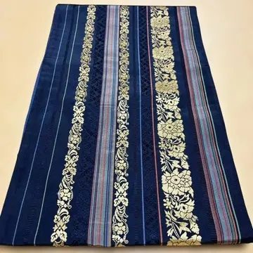 여섯 가지 무늬의 후쿠로 오비 하카타 오리 순수 실크 네이비 컬러