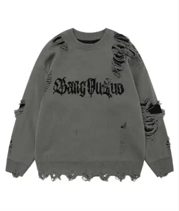 오버사이즈 데미지 가공 자카드 로고 크루넥 니트