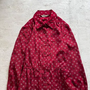 쇼와 레트로 빨간색 코몬 무늬 허리 개더 긴팔 롱 원피스 롱 프리 사이즈