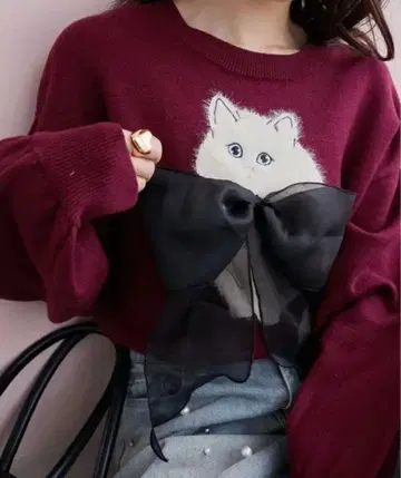 MAJESTIC LEGON 복슬복슬 고양이 리본 니트 보르도