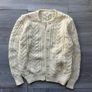 빈티지 손뜨개질풍 리프 무늬 시스루 니트 가디건 아이보리풍