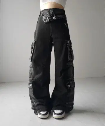 밈 셀렉 허리 접힘 빈티지 블리치 카고 데님 팬츠