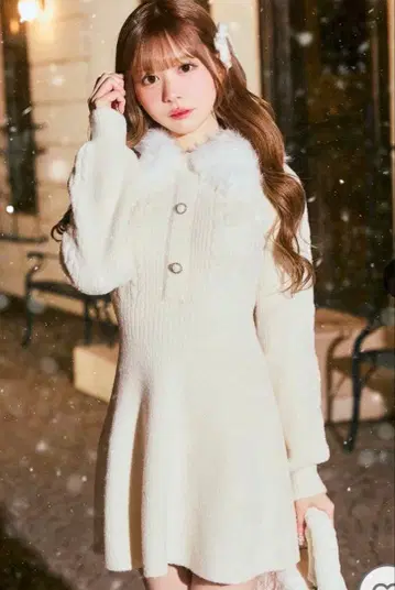 MICHEL MACARON 퍼 카라 니트 원피스 XS