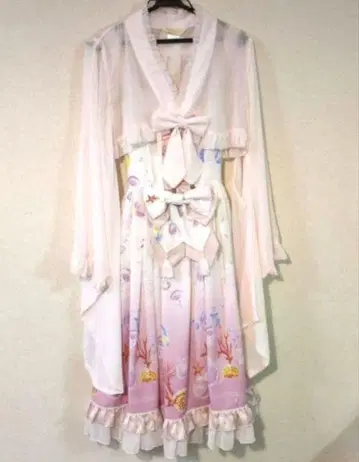 해파리의 왈츠 버슬 오버롤 스커트 쉬폰 기모노 소매 볼레로 세트 핑크