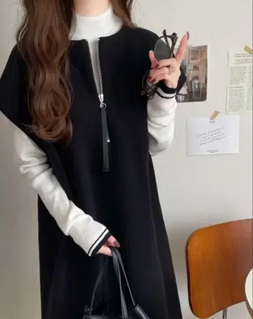 앞뒤 2way 페이크 울 소재 하프 지퍼 원피스, 원피스, MEDIUM