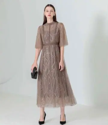 [ LEJA ] 스팽글 자수 레이스 프티 하이넥 프릴 롱 드레스 원피스