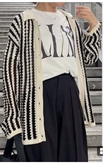 택 포함 PUAL CE CIN 자카드 스트라이프 카라 부착 가디건