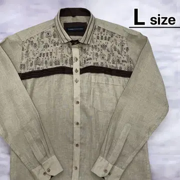 USA 구제 의류 티롤리안 셔츠 L 사이즈 긴팔 베이지 민족 패턴 에스닉