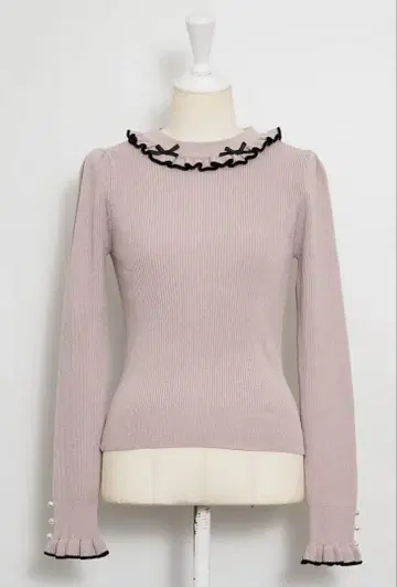 pium 미니 리본 프릴 하이넥 리브 니트 핑크