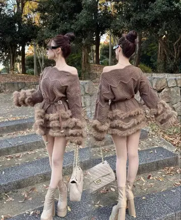 elmyu 퍼 니트 원피스 벨트 set