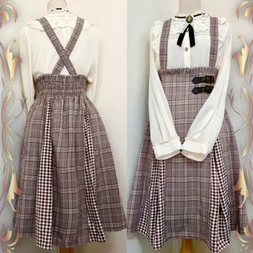 [ 2세트 ] 서스펜더 박스 플리츠 스커트, 카메오 블라우스 axes