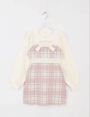 evelyn 체크 무늬 리본 포함 원피스 화이트/핑크