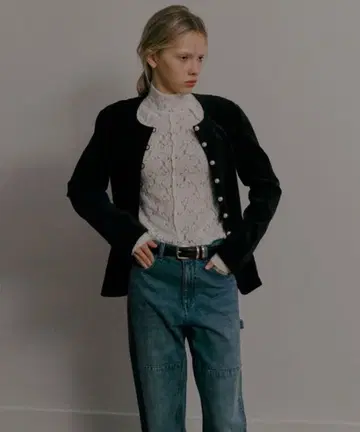 [새상품 시착만 한 상품] 26SS 르쉘 블루 하이넥 스트레치 레이스 탑