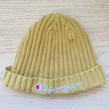 Champion 로고 니트 모자 겨자색