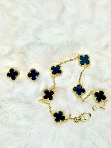 클로버 모티브 팔찌 & 귀걸이 (블랙)